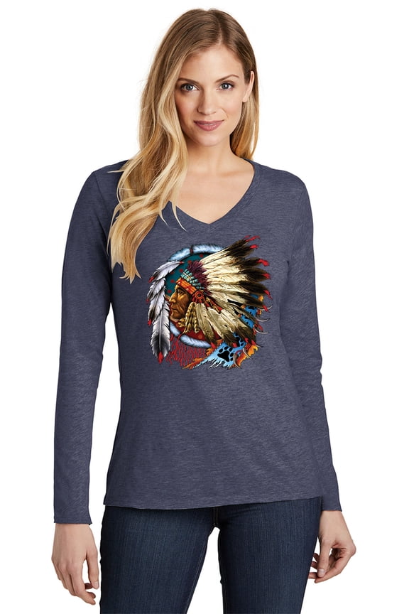 Chief Dreamcatcher Biker Womens V-neck Long Sleeve Shirt, 2XL Navy