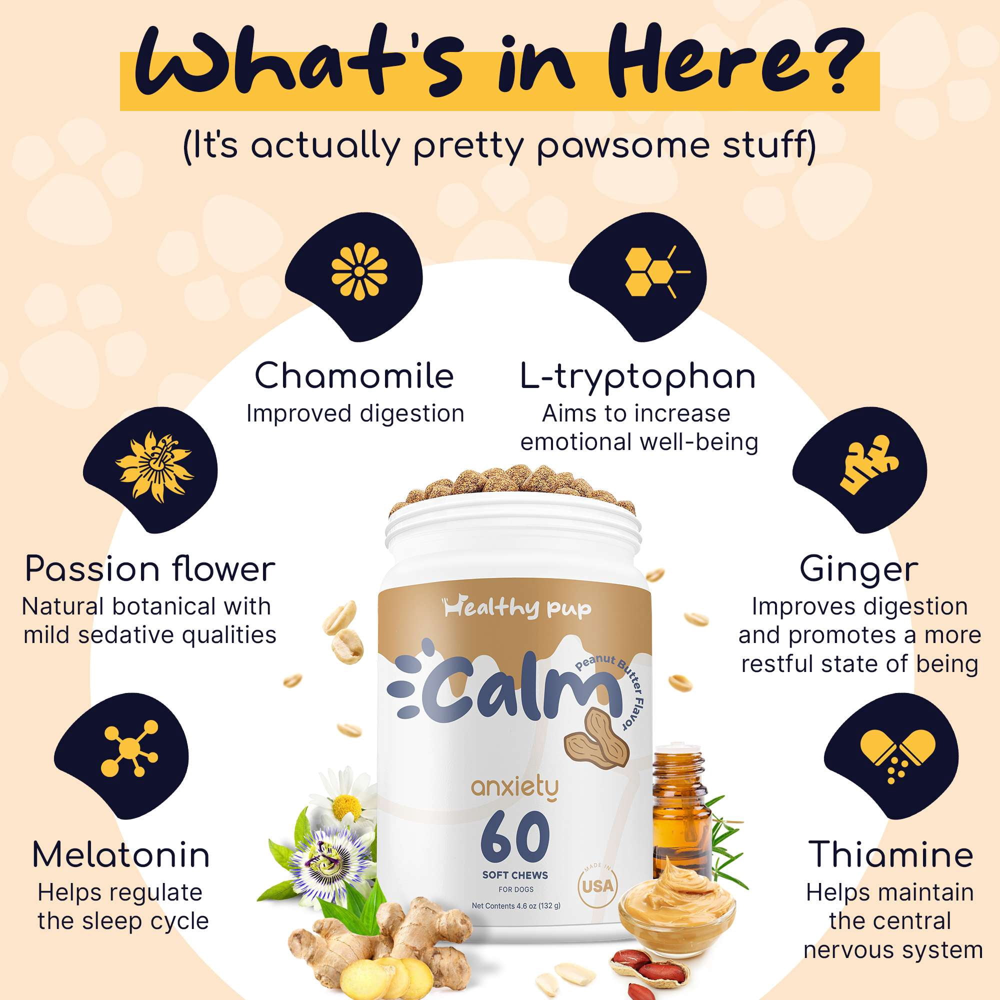 Healthy Pup Peanut Butter Calming Chews For Dogs with Melatonin - 60 Soft Treats - Dog Anxiety Relief