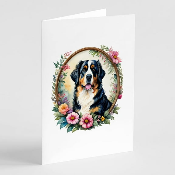 Bernese Mountain Dog and Flowers Greeting Cards and Envelopes Pack of 8 7 in x 5 in