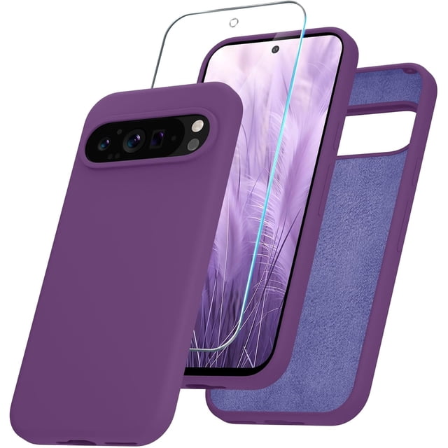 KOMI for Google Pixel 9 Pro XL Case, Silicone Phone Case with 1 Screen Protector, Soft Anti-Scratch Microfiber Lining, Full Body Shockproof Slim Cover Support Wireless Charging, Purple