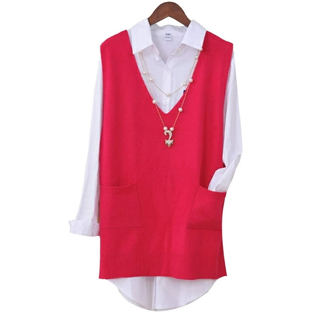 Suéter sin mangas con cuello en V para mujer, chaleco, cárdigan de punto, prendas de vestir, tops altos y bajos con bolsillo Fokelyi WMZY-694-17
