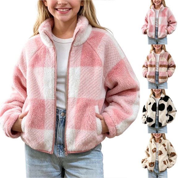 FchengtaiS Boys Girls Sherpa Fleece Jacket Cute Full Zip up Stand Collar Fuzzy Coat Kids Winter Warm Windproof Plush Outerwear