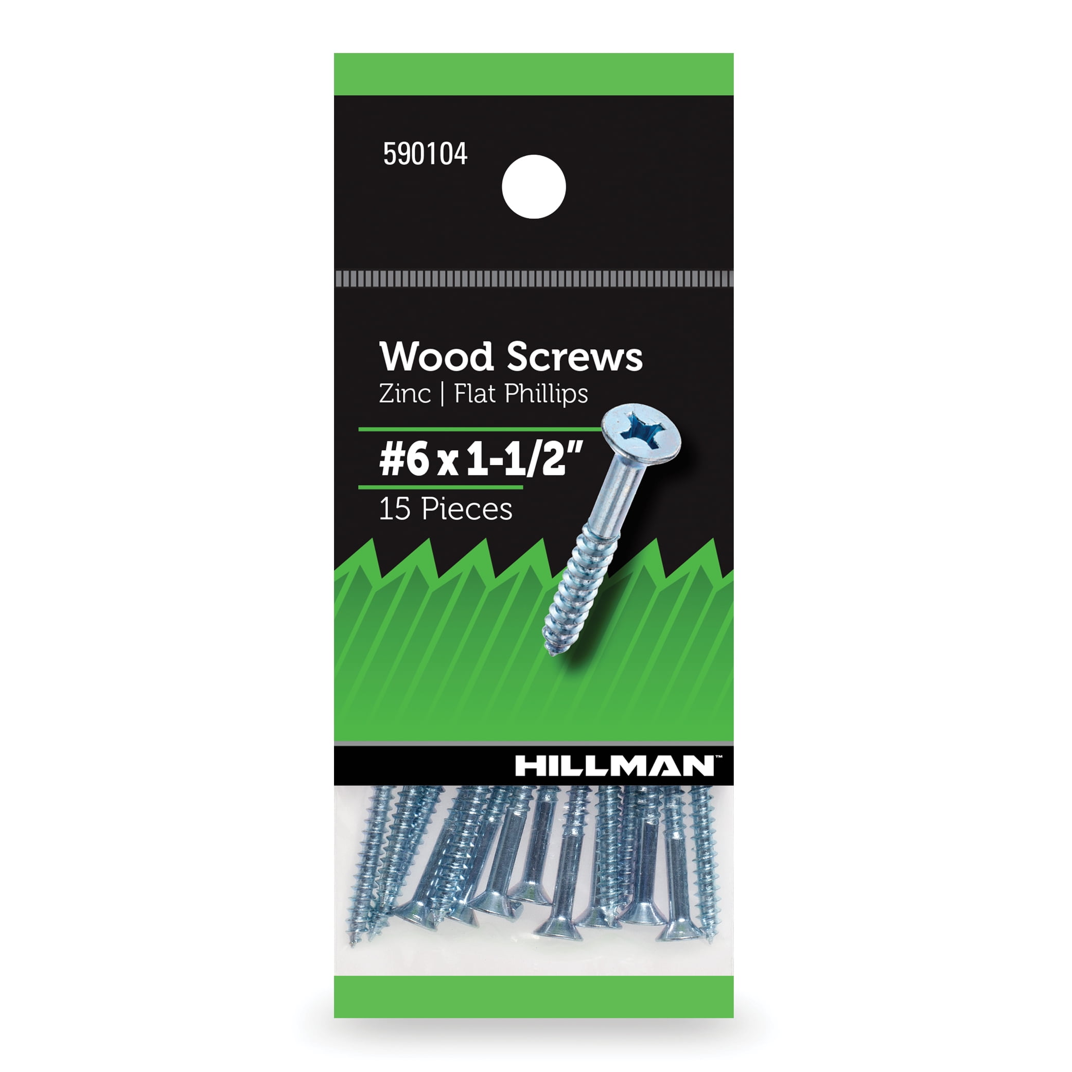 (5 pack) Hillman Wood Screws, #6 x 1-1/2", Steel, Zinc, Interior Screws, Phillips, Silver, 15 pack