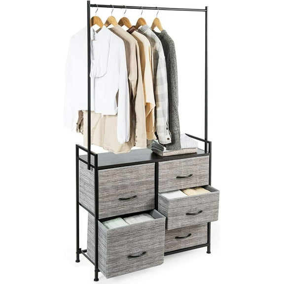 Hyxoo Fabric Drawer Dresser w/Clothes Rack, Storage Organizer with Metal Frame and Wooden Top, Closet Organizers and 5 Storage Drawers for Clothes, Toys, for Hallway, Bedroom (Gray)