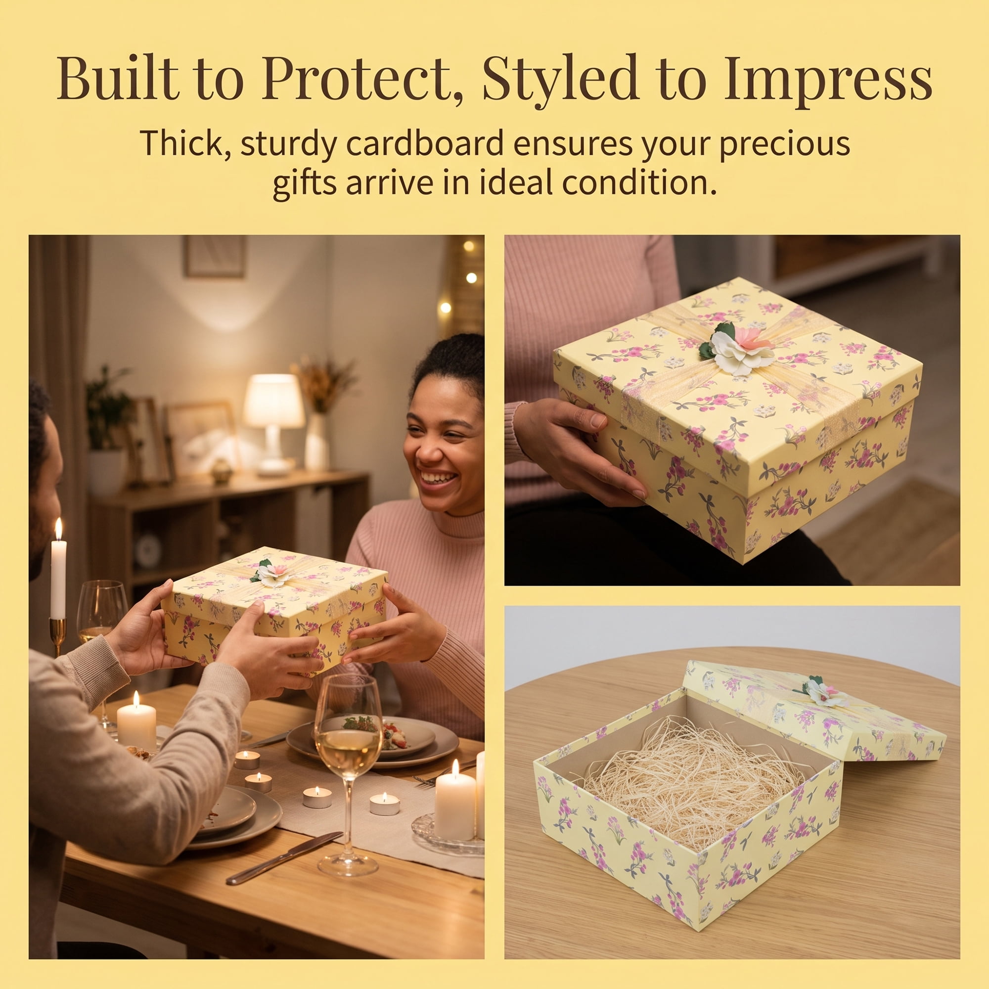 Unique Bargains Elegant Rigid Present Gift Box with Printed Ribbon Yellow 7.5"x7.5"x3.1"