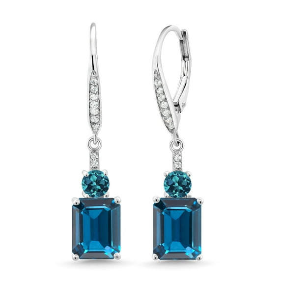 Gem Stone King 6.08 Cttw London Blue Topaz Dangle Earrings for Women | 925 Sterling Silver | Gemstone November Birthstone | Emerald Cut 9X7MM