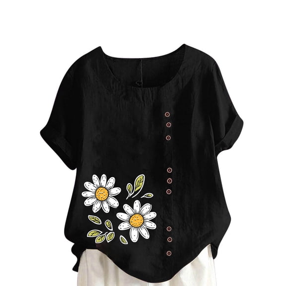 Cmfcve Women's Graphic Tops Short Sleeve Round Neck Cotton Linen Tee Shirt Breathable Henley Button Blouse