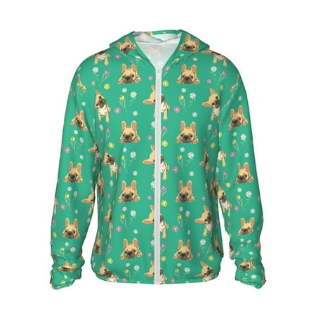 Sigee Bulldog Puppy Flower Print UPF50+ Men s Sun Protection Hoodie Shirt SPF UV Shirt Long Sleeve Fishing Outdoor Lightweight S-3XL