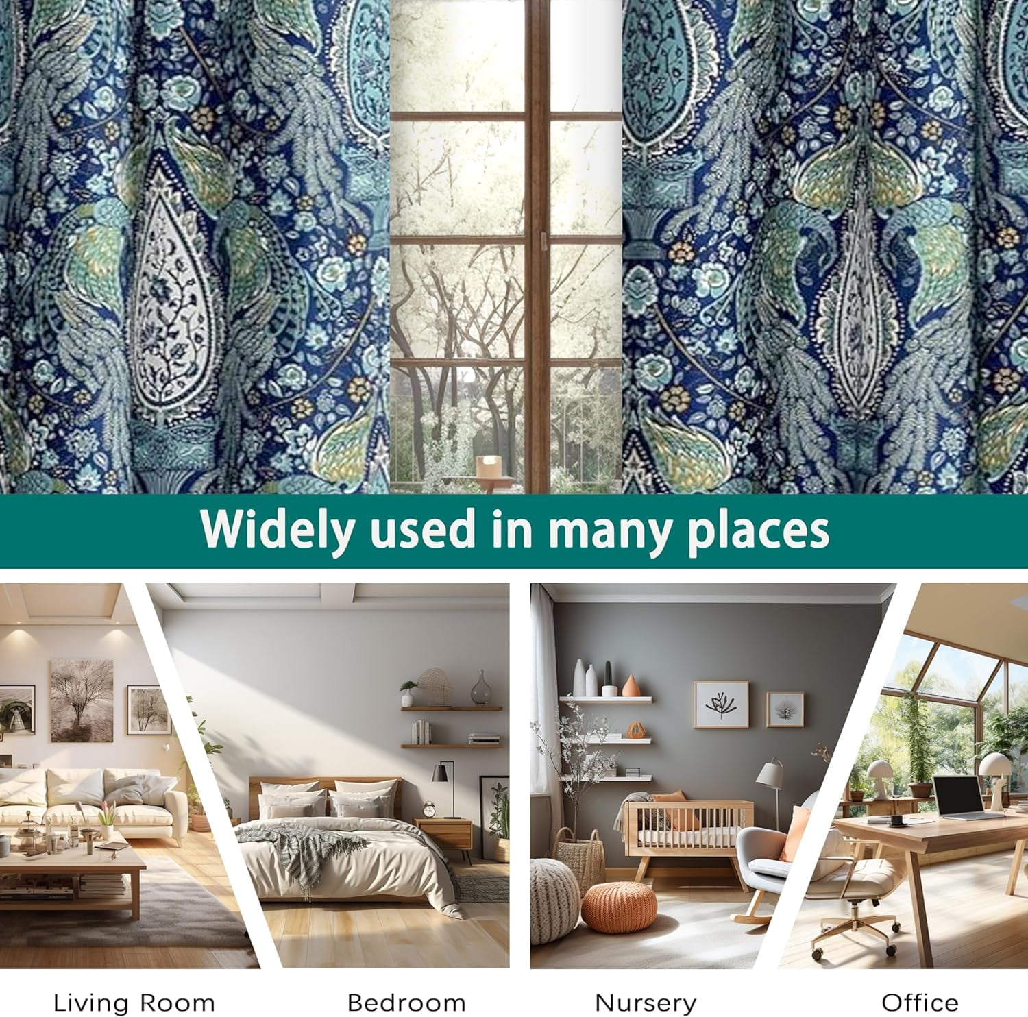 DriftAway Christopher Peacock Floral Pattern Energy Saving Thermal Insulated Blackout Window Curtain Grommet 2 Layers 2 Panels 	84"L x 52"W Teal