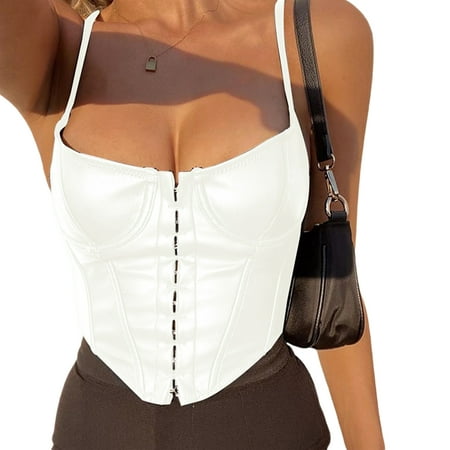 

Women Bustier Corset Top Sleeveless Leather Bra Tops Lace Up Camisole Cropped Summer Sexy Slim Crop Top Spaghetti Straps Camis