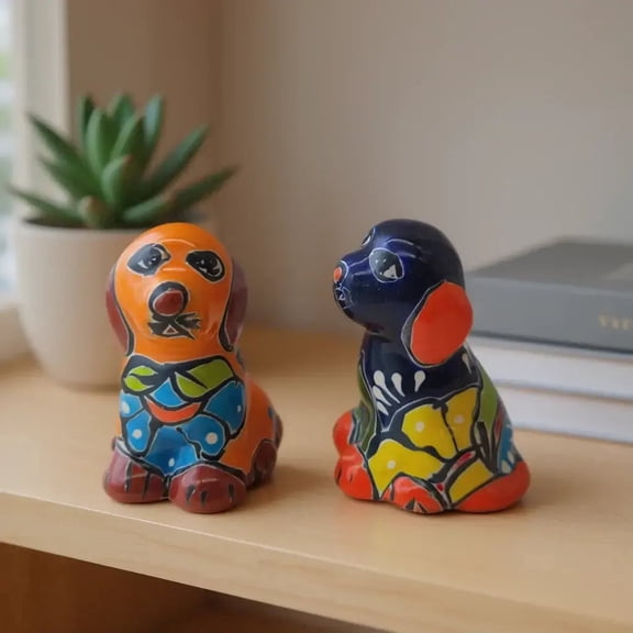 Colorful Talavera Dog Figurine Pair | Mexican Folk Art Decor