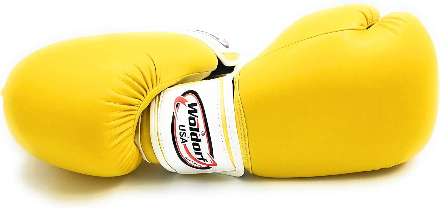 Woldorf USA Men and Women Leather Boxing Bag Gloves - Perfect for Punching Heavy Bag, Sparring, Cardio Kickboxing Gloves, and Best for Muay Thai Training - Vinyl 12oz Yellow