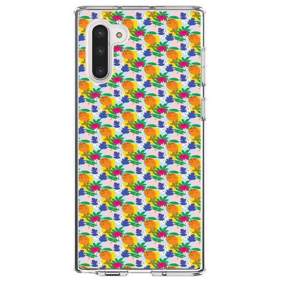 DistinctInk Clear Shockproof Hybrid Case for Samsung Galaxy Note 10 (6.3" Screen) - TPU Bumper, Acrylic Back, Tempered Glass Screen Protector - Summer Vibes Floral Pattern Orange Blue Yellow