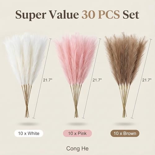 Pampas Grass Decor 30pcs 21.7 Inch, Faux Pampas Grass White Pink Brown Artificial Dried Flowers Fluffy No Shedding for Boho Wedding Home Bedroom Vase Filler