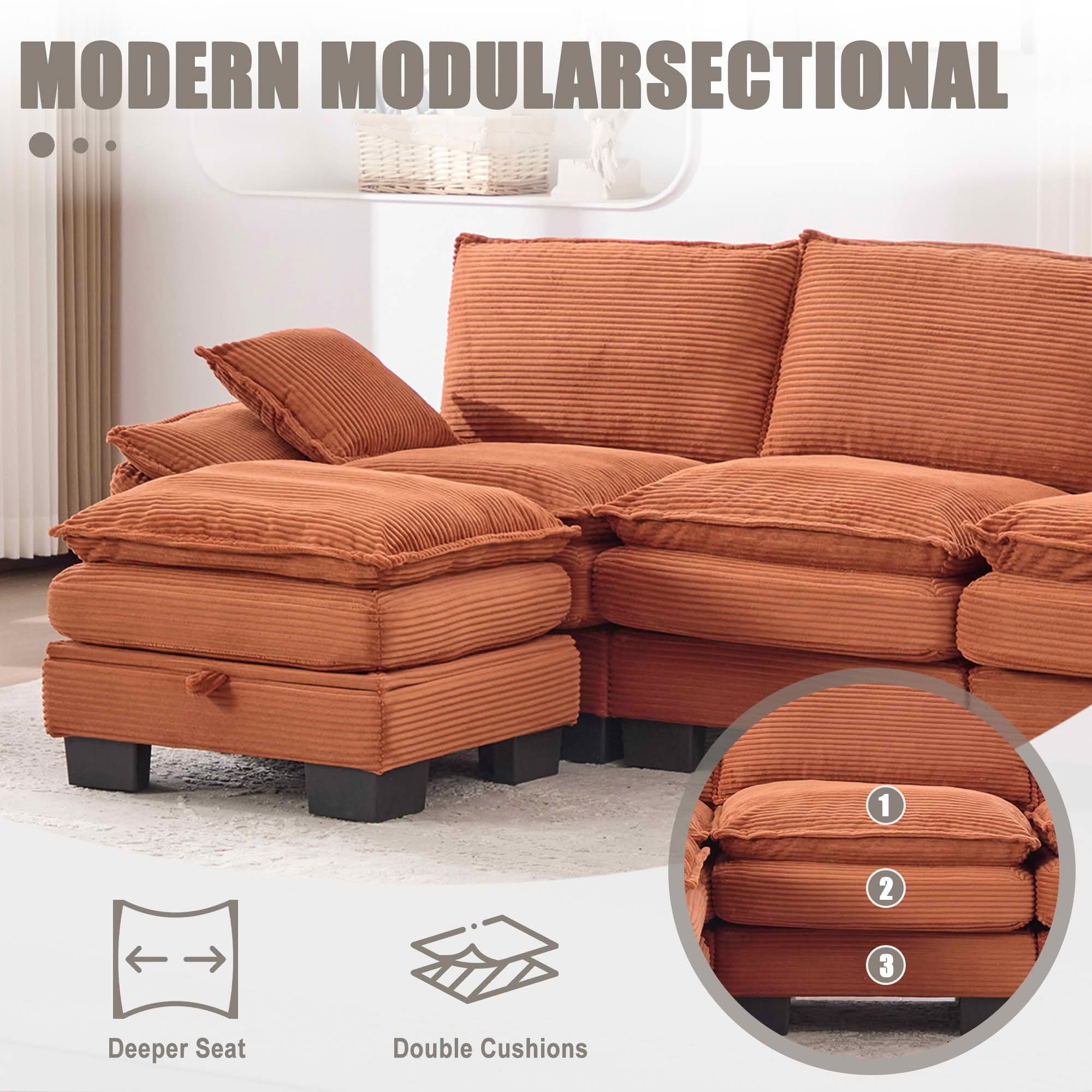 MAYEERTY Multi-Config Cloud Corduroy Modular Sofa, Deep Seat Sectional Couch with Storage Footstool & USB Ports for Small Apartment