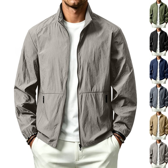 Men's Lightweight Jackets Full Zip Up Windbreaker Laydown Collar Light Coat Stylish Casual Golf Jacket with Pockets