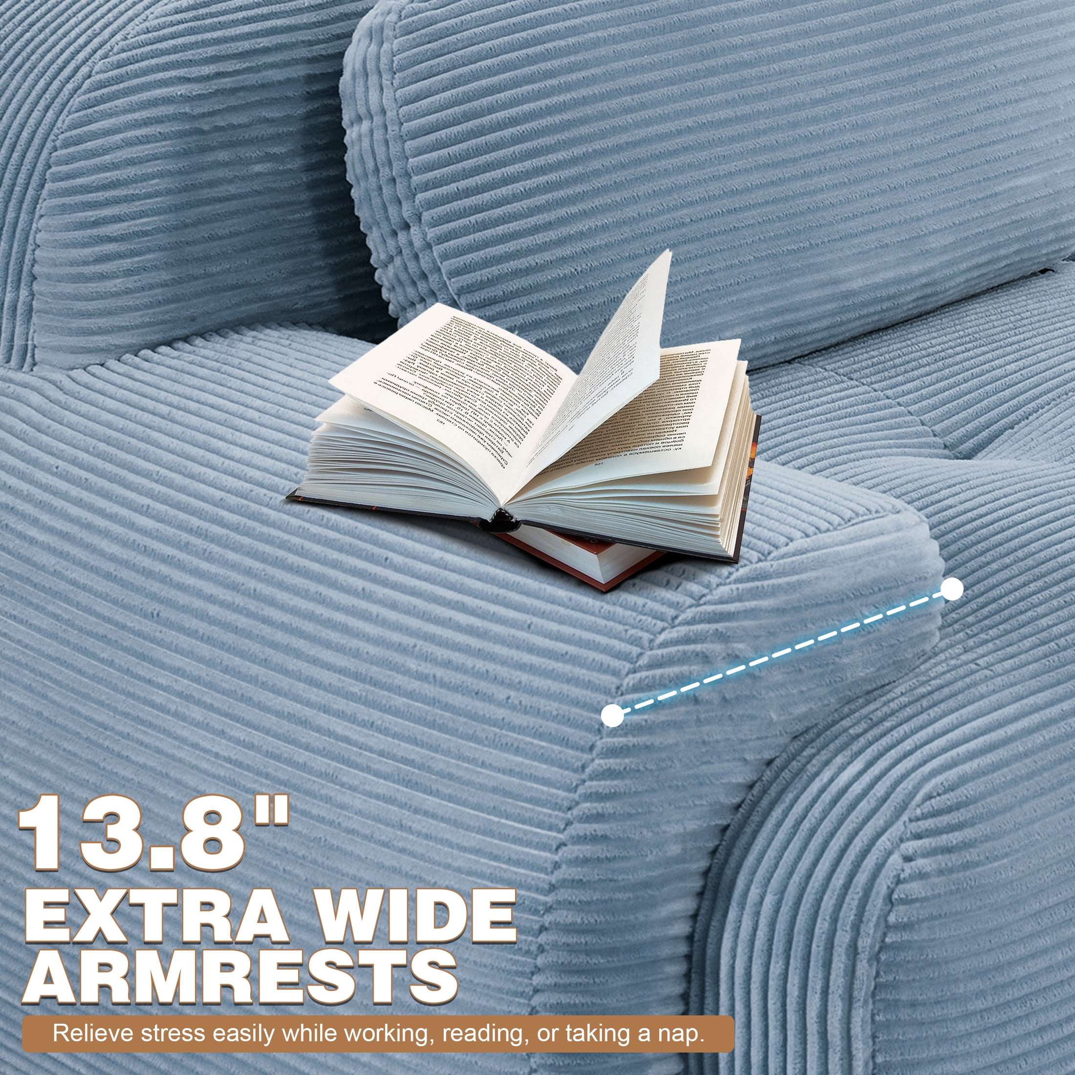 Aukfa 82" Modular Sectional Sofa with Ottoman, Corduroy, 28" Deep Seat, No Assembly Required, Blue