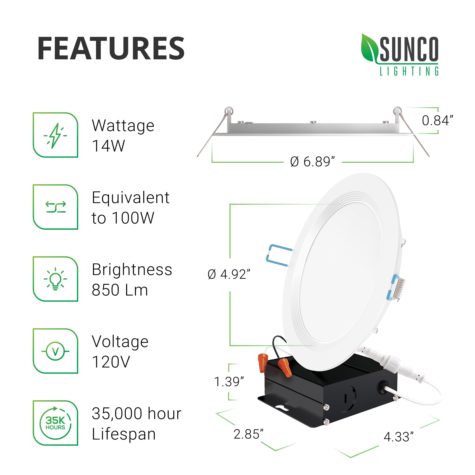Sunco Lighting 6 Inch Slim LED Downlight, Baffle Trim, Junction Box,  14W=100W, 850 LM, Dimmable, 6000K Daylight Deluxe, Recessed Jbox Fixture,  IC 