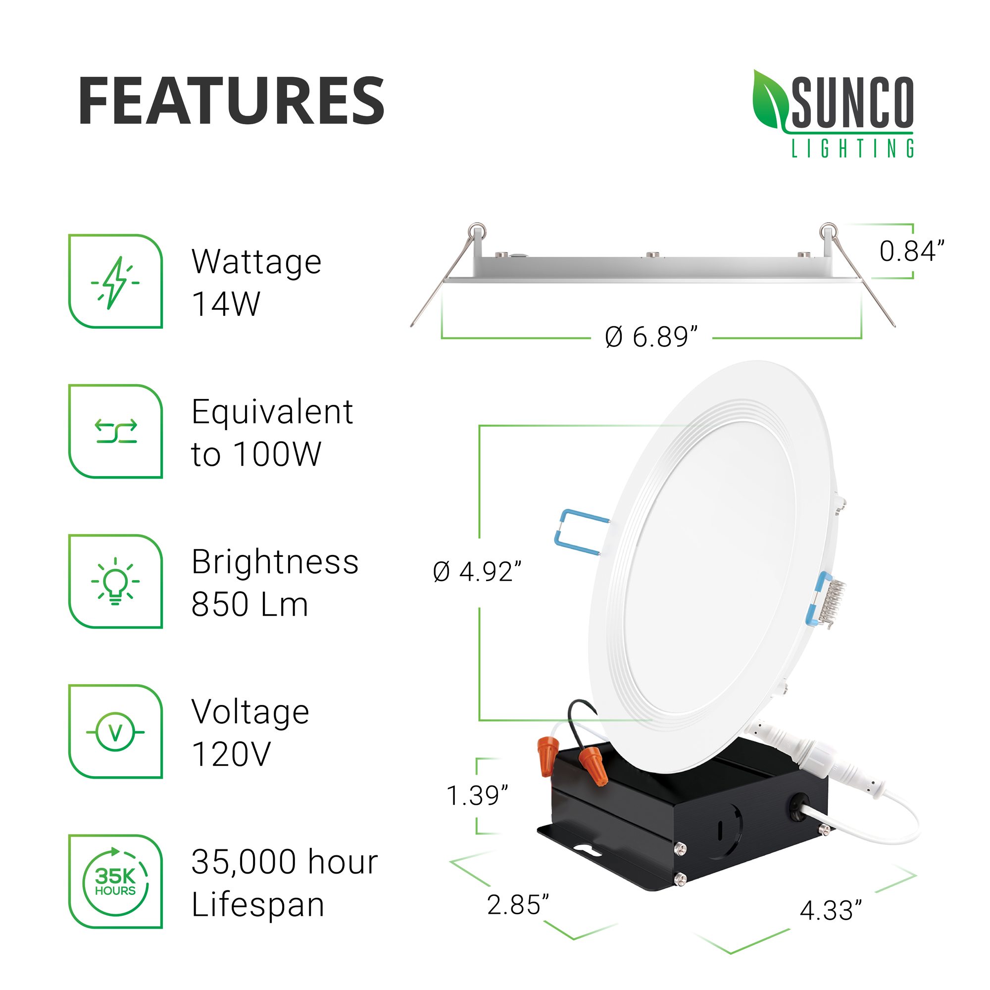 Sunco Lighting Inch Slim LED Downlight, Baffle Trim, Junction Box, 14W= 100W, 850 LM, Dimmable, 2700K Soft White, Recessed Jbox Fixture, IC Rated,  Retrofit Installation ETL  Energy Star