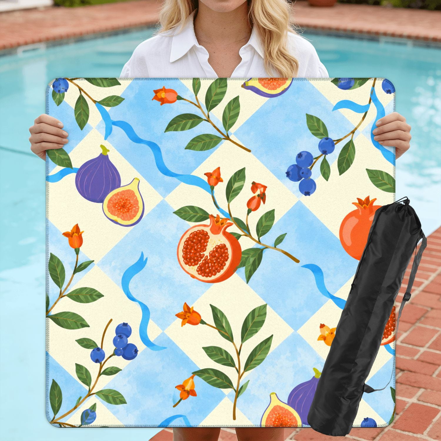 Mahjong Mat 31.5" x 31.5" Citrus Fruit Oranges Lemons Green Leaves Watercolor Blue Diamonds Non-Slip Noise Reduction American Mahjong Tiles Table Cover for Dominoes Poker Card Board Games Gift