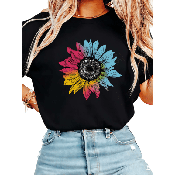 UNISHE Women's Rainbow Tie-Dye Sunflower Graphic Short Sleeve T-Shirt Comfortable Cotton Crewneck Top