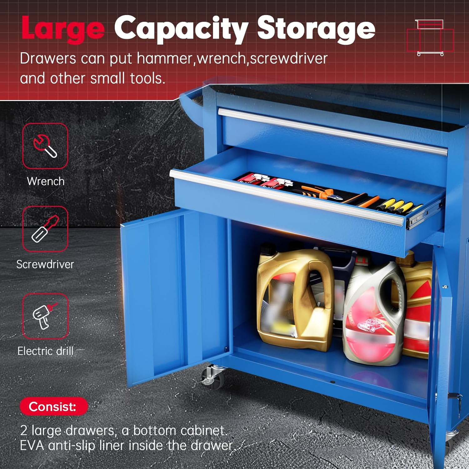 SOLAURA 8-Drawer Rolling Tool Chest with Detachable Top Box, Metal Tool Box with Wheels, Lockable Storage Cabinet for Warehouse, Garage, Workshop, Barbershop, Blue