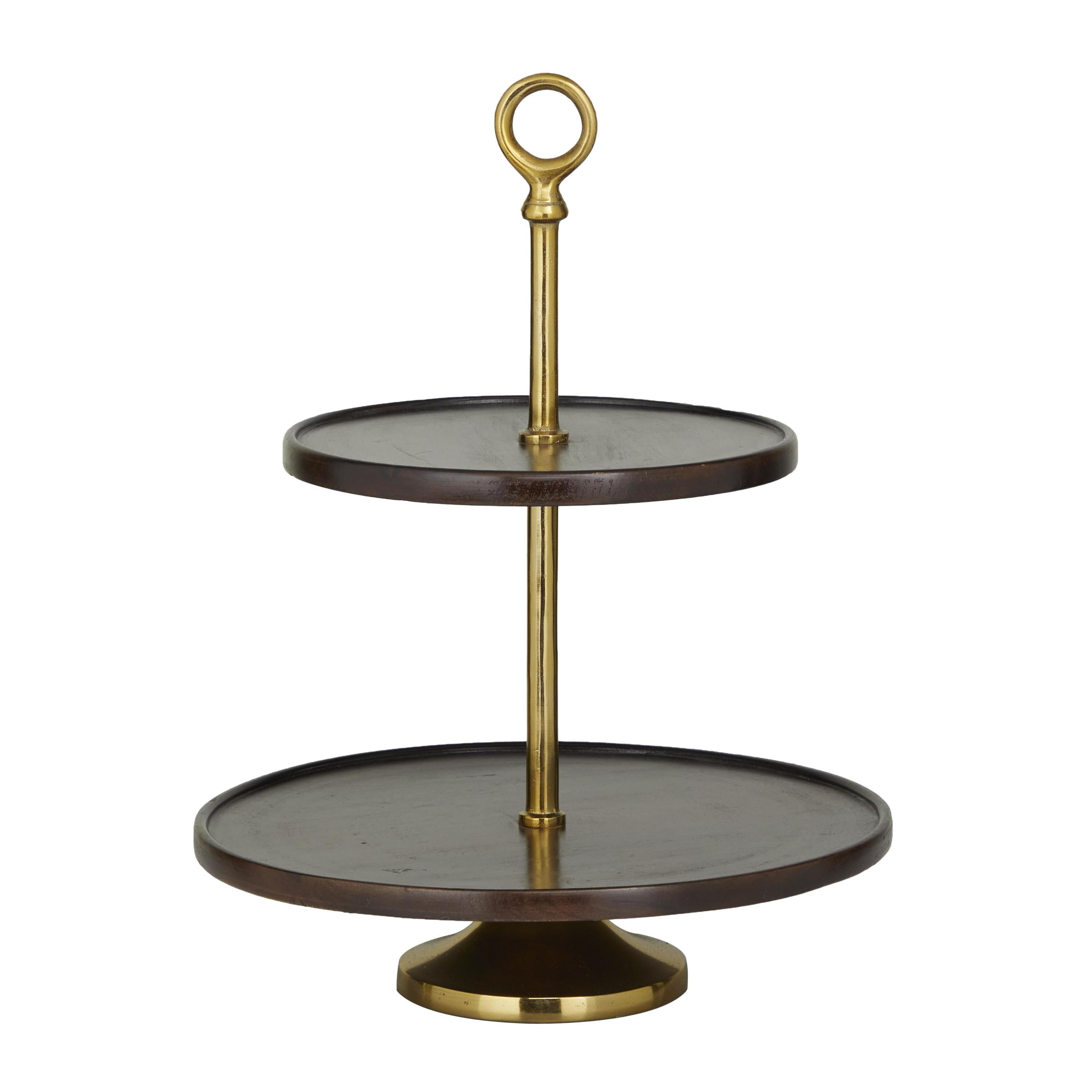 DecMode 14" x 18" Dark Brown Mango Wood 2 Tiered Server with Gold Stand, 1-Piece