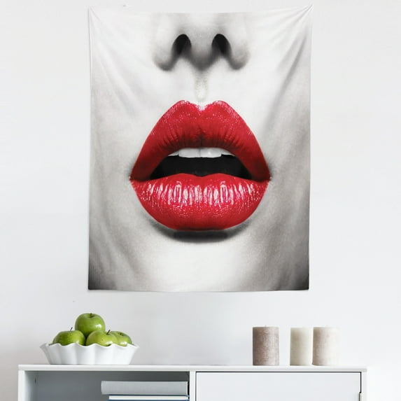 Women Tapestry, Close up Picture of Red Lipstick Model Lips Fashion Art Macro Photography, Fabric Wall Hanging Decor for Bedroom Living Room Dorm, 5 Sizes, Ruby and Pale Grey, by Ambesonne