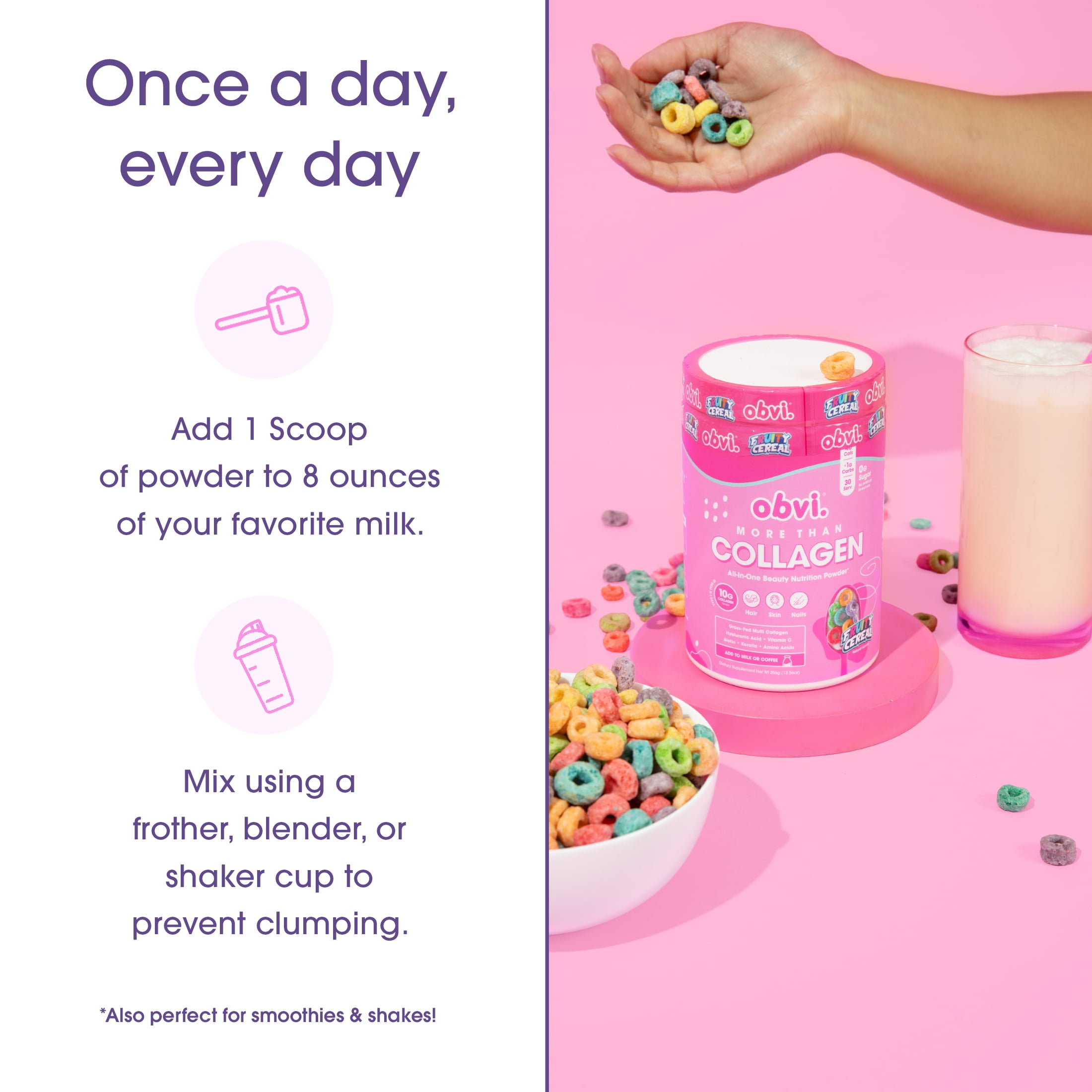 Obvi More than Collagen Peptides Powder, Fruity Cereal, 30 Servings, 12.56 oz, 10g Collagen