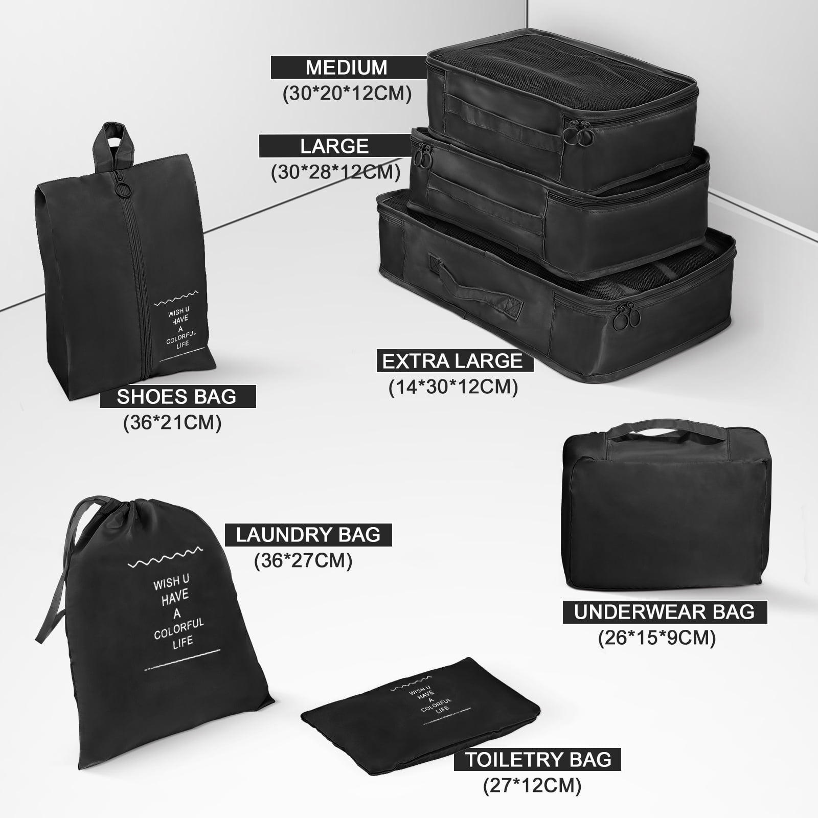 2 Piece Travel Luggage Sets (20"&28") Hardside Suitcase with 7PC Organizer Bags,Black