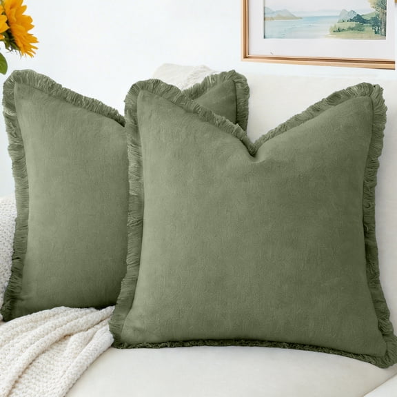 Sanmadrola Throw Pillow Covers Decorative Linen Fringe Throw Pillow Covers Cozy Boho Farmhouse Cushion Cover with Tassels Soft Accent Pillowcase for Couch Sofa Bed Living Room Home Decor 2 Set 18X18