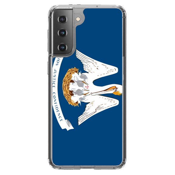 DistinctInk Clear Shockproof Hybrid Case for Galaxy S21 5G (6.2" Screen) - TPU Bumper, Acrylic Back, Tempered Glass Screen Protector - Louisiana State Flag - US State Flag