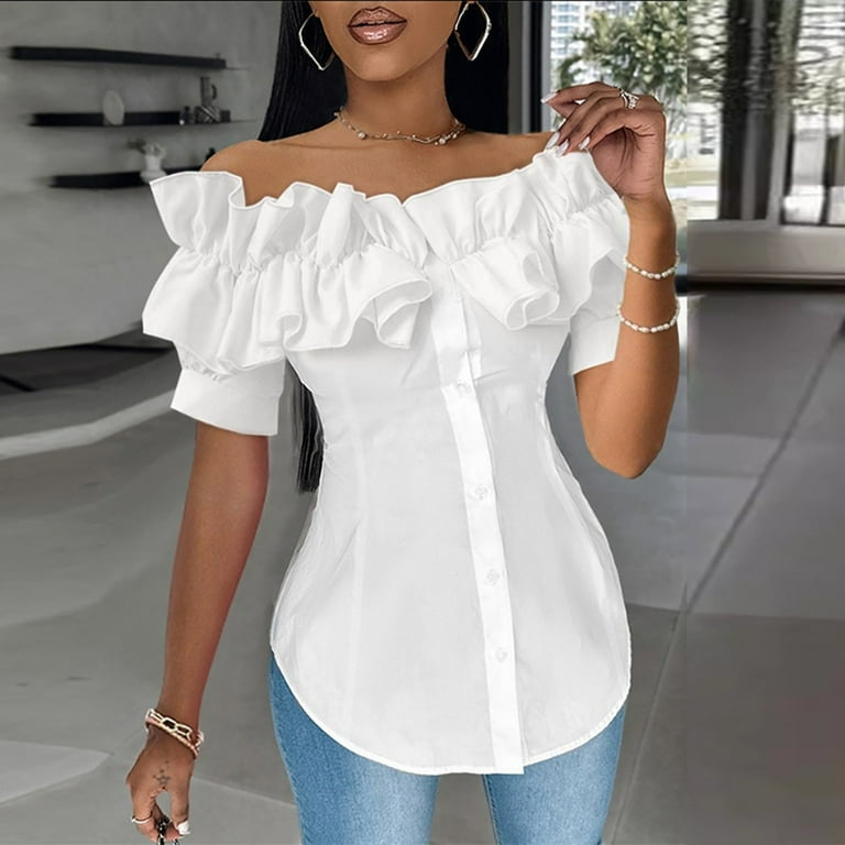 Asymmetrical Ruffle Hem T-Shirt, Casual Crew deals Neck Short Sleeve T-Shirt