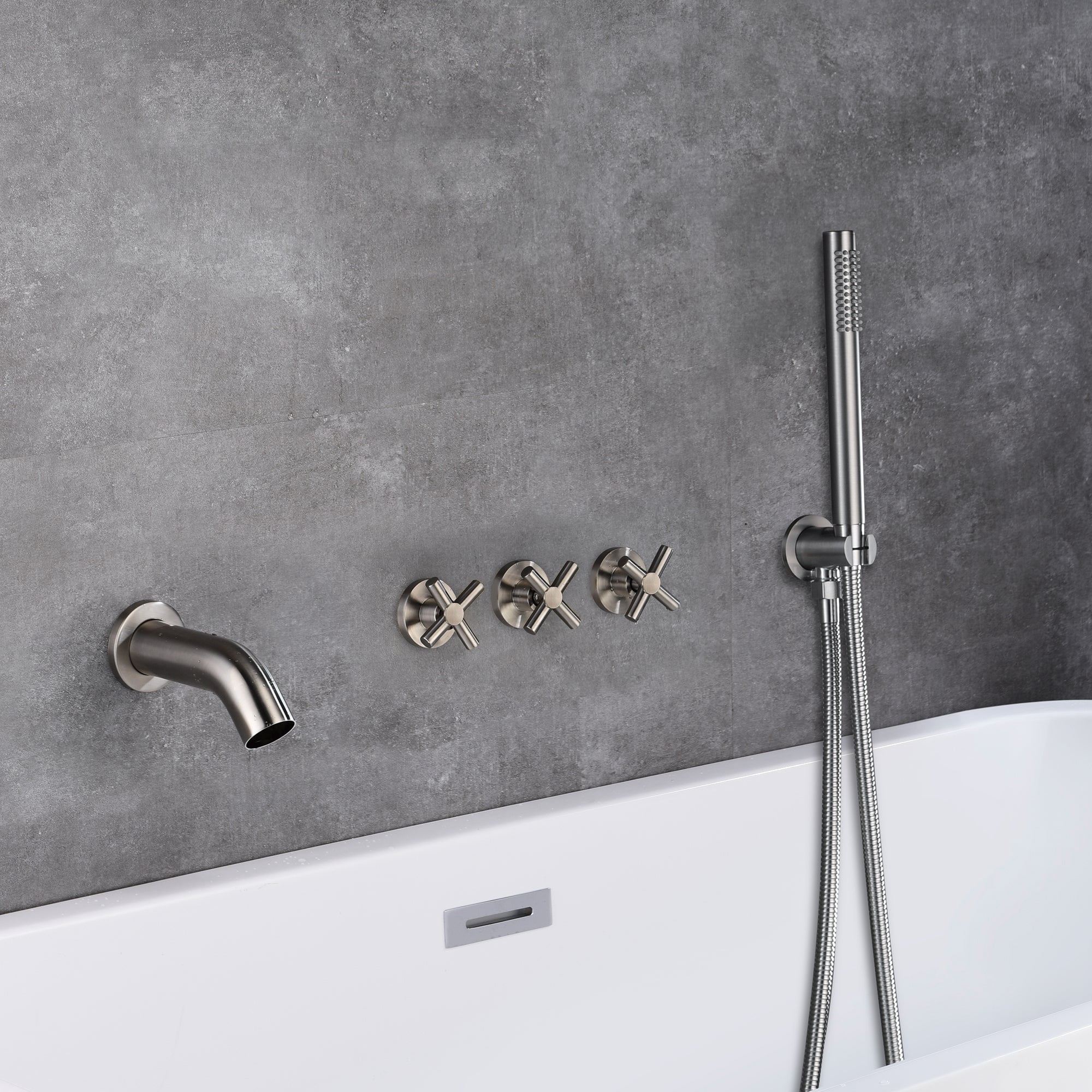 3 Handle Wall Mount Tub Faucet with Sprayer,Waterfall Bathtub Faucet Brushed Nickel