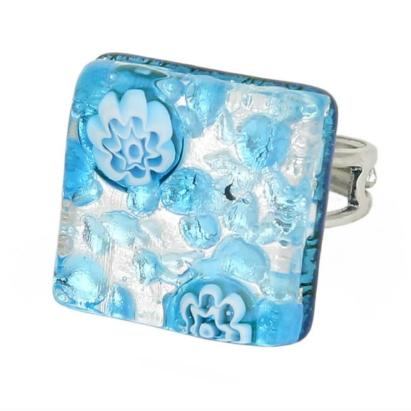 GlassOfVenice Murano Glass Venetian Reflections Square Adjustable Ring - Aqua Silver