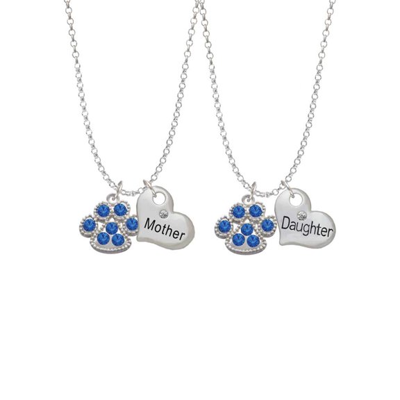 Delight Jewelry Silvertone Large Paw with Blue Crystals Mother & Daughter Heart Necklaces (Set of 2), 19"+2"