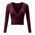 thumbnail image 3 of Oplxuo Womens Slim Fitted Sexy Deep V Neck Cross Wrap Crop Tops Solid Color Ruched Long Sleeve T-Shirts Blouses, 3 of 4