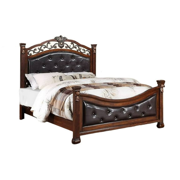Traditional Upholstered Bed Frame, Tufted Bed with Scroll Carvings, Cherry Brown Finish