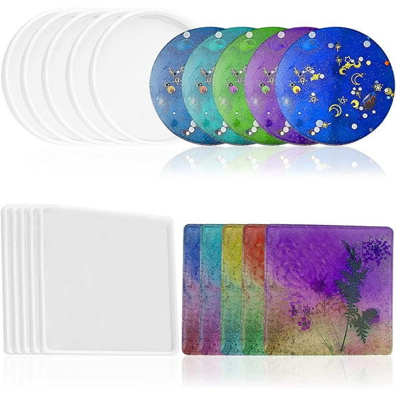 10 Pieces Coaster Resin Molds Set, SourceTon 5 Pieces Round and 5 Pieces Square Silicone Molds for DIY Art Craft Cup Mat, Coaster Home Decoration
