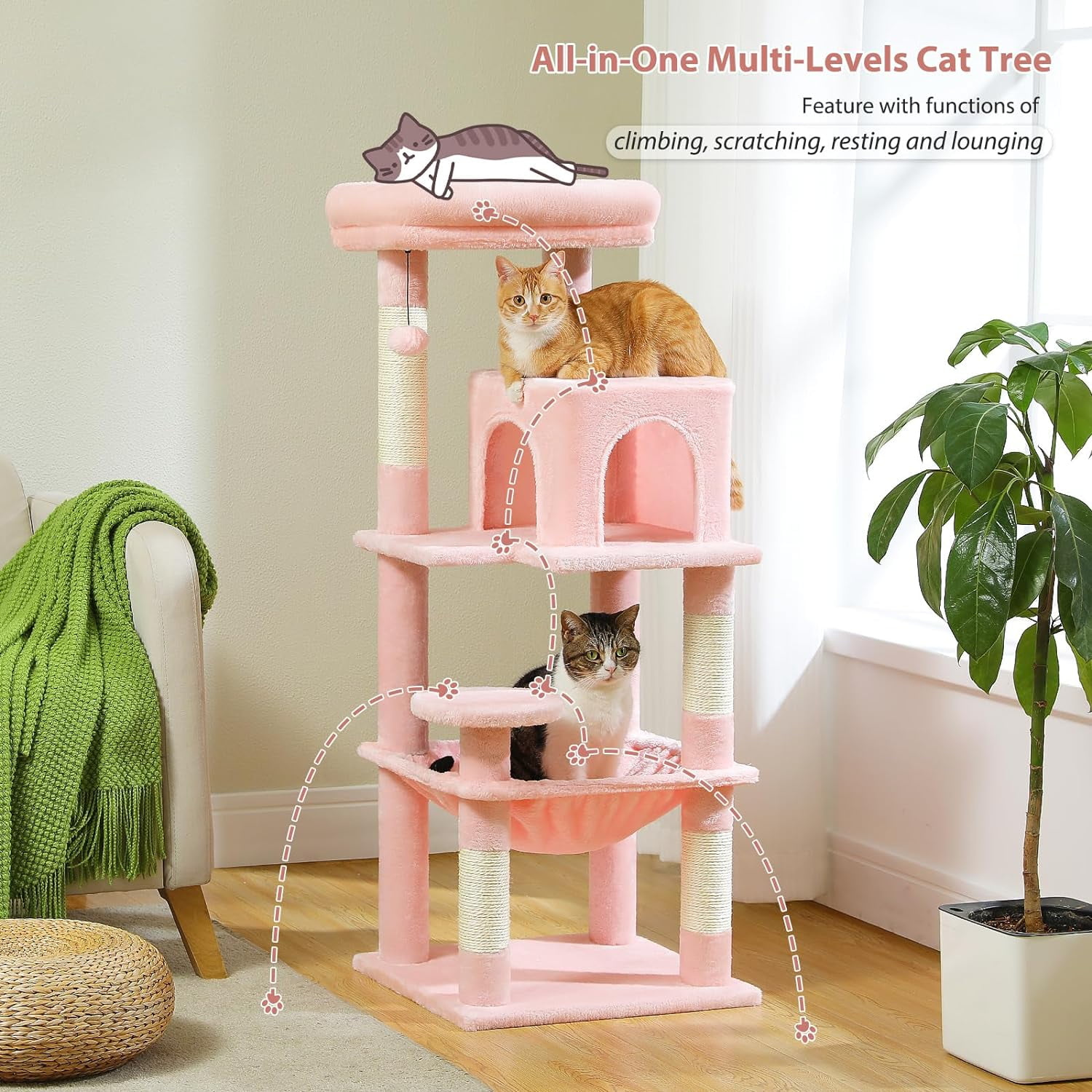 Pefilos 45" Cat Tree Tower for Indoor Cats, 5-Level Cat Condo for Large Cats with Large Hammock, Big Top Perch and 4 Sisal Covered Scratching Pos, Pink Pefilos 45" Cat Tree Tower for Indoor Cats, 5-Level Cat Condo for Large Cats with Large Hammock, Big Top Perch and 4 Sisal Covered Scratching Pos, Pink