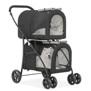 MoNiBloom 4 in 1 Double Pet Stroller, Foldable Cat Stroller for 2 Cats/Dogs with Detachable Carrier Bags & Rear Brakes, Black/Gray