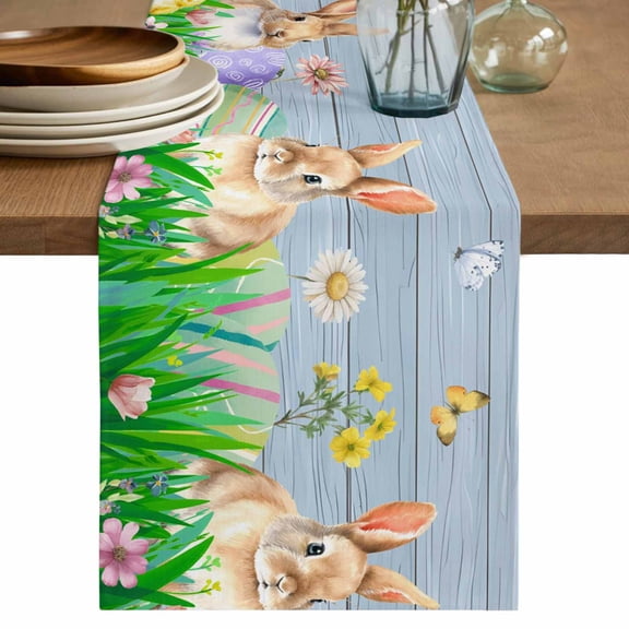 Easter Bunny Table Runner 48 Inches, Spring Easter Eggs Chicken Blue Wood Bed Runner Dresser Scarves Tabletop for Indoor Outdoor Parties/Ceremony/Banquet, 13" x 48"