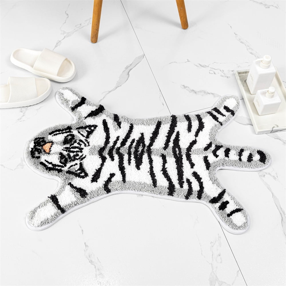 yingda1992 Tiger Bath Mat for Bathroom Cute White Tiger Cartoon Non Slip Animal Shaped Absorbent Bathtub Bathroom Plush Shower Rugs 25.6x38.6in