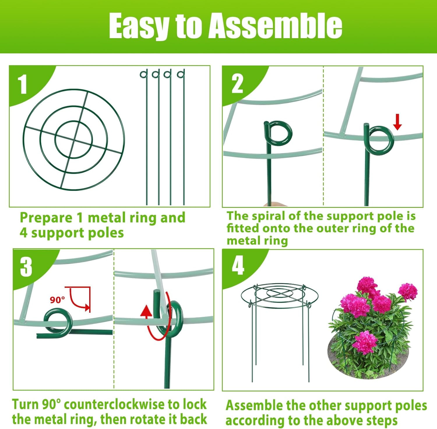 8 Pack Peony Cages and Supports – 11.5" Dia x 16" H Heavy Duty Metal Flower Support Rings for Outdoor Plants, Rose, Tomato, Hydrangea, Strawberry