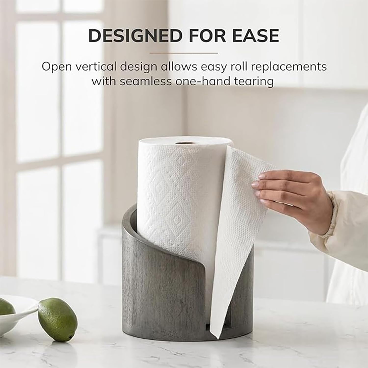 CLIQKWEN Mango Wood Round Base & Iron Countertop Paper Towel Holder – Effortless One-Hand Tearing, Fits Jumbo & Mega Rolls
