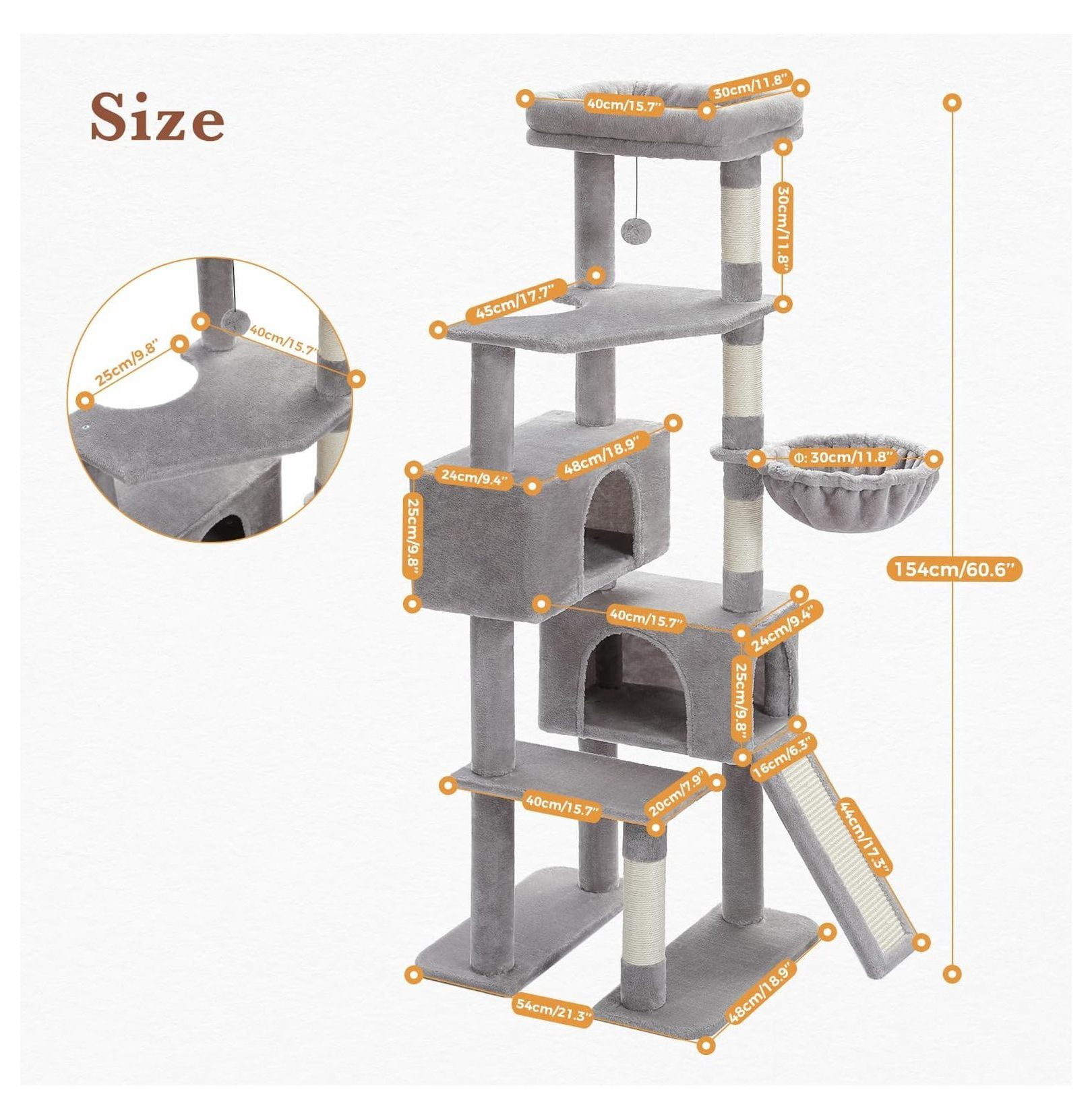 60'' Cat Tree Tower, Large Cat Condo Indoor, Wide Perch, Hammock, Sisal Scratching Posts for Adult Cats, Gray