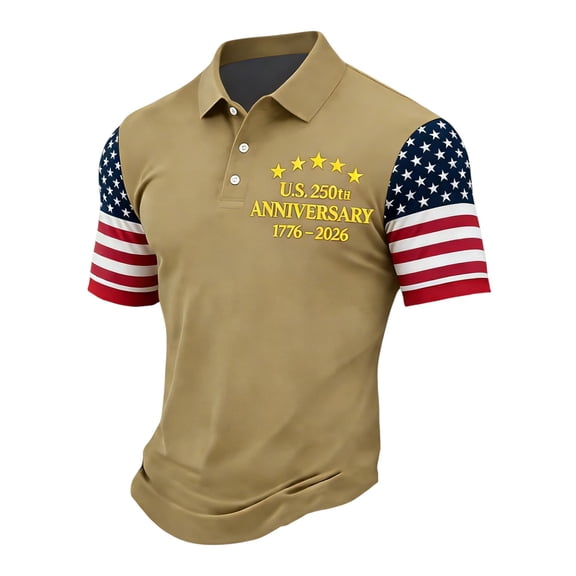 Domuza Short Sleeve American Flag Polo Shirts for Men Patriotic USA 250 Years Moisture Wicking Golf Jersey Collared T-Shirts Khaki L