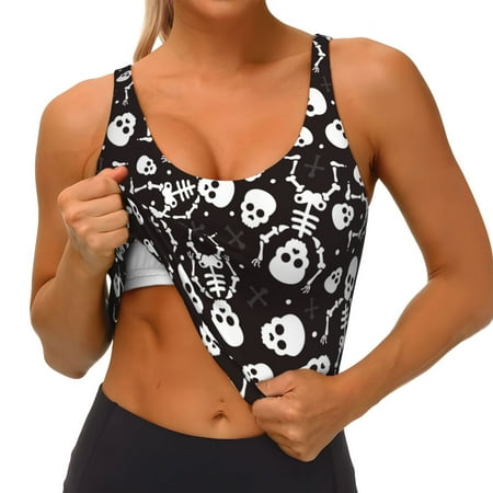 Qokaie Skeleton Pattern Womens Scoop Neck Sports Bra Breathable Workout Vest Padded U Back Medium Impact Fitness Gym Yoga Bra Workout Crop Top
