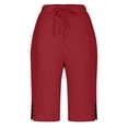 thumbnail image 4 of KDDYLITQ Shorts for Women Elastic High Waisted Button Sweat Pants Side Slit Wide Leg Causal Joggers Knee Length Cotton Linen Beach Flowy Pants with Pockets Wine 2XL, 4 of 7