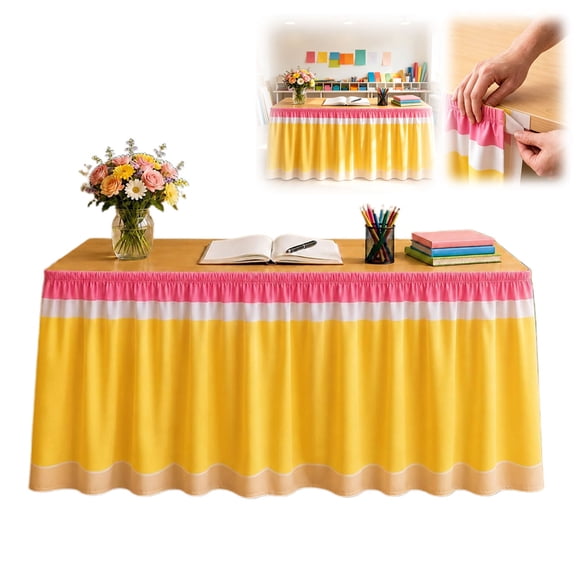 Pencil Table Skirt 70"×30" – Stationery Teacher Desk Cover, Rectangular Tablecloth for Classroom Back to School Bookcase Cabinet Decor